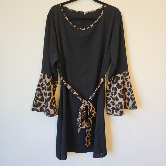 Black Bell-Sleeve Dress With Leopard Print Accents Waist Tie 3XL whimsy whitchy - Picture 1 of 6